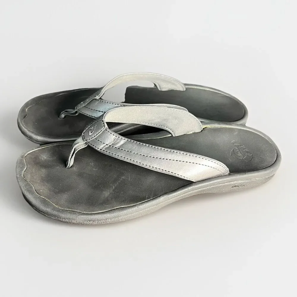 Olukai Silver Pewter‎ Leather Flip Flops Women’s 9 W